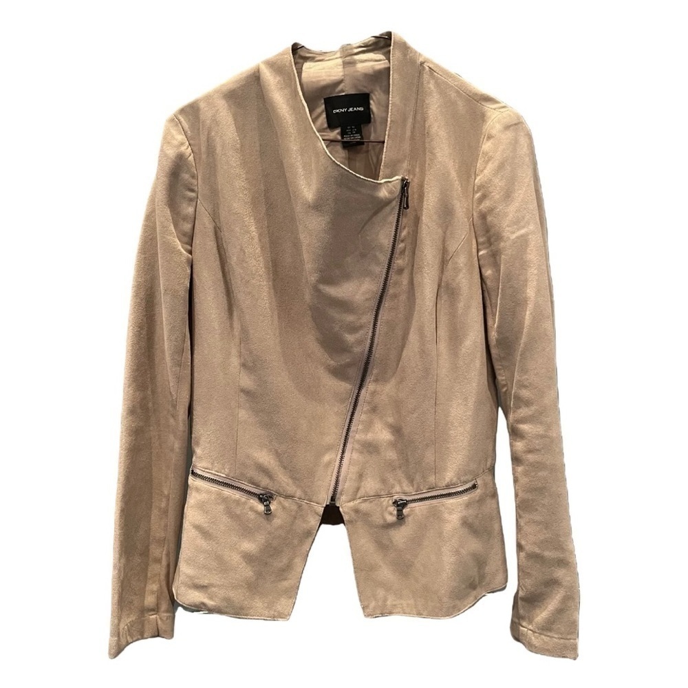 DKNY Jeans Faux Suede Biker Style Zipper Front Jacket Womens XS Neutral Beige - Picture 2 of 9